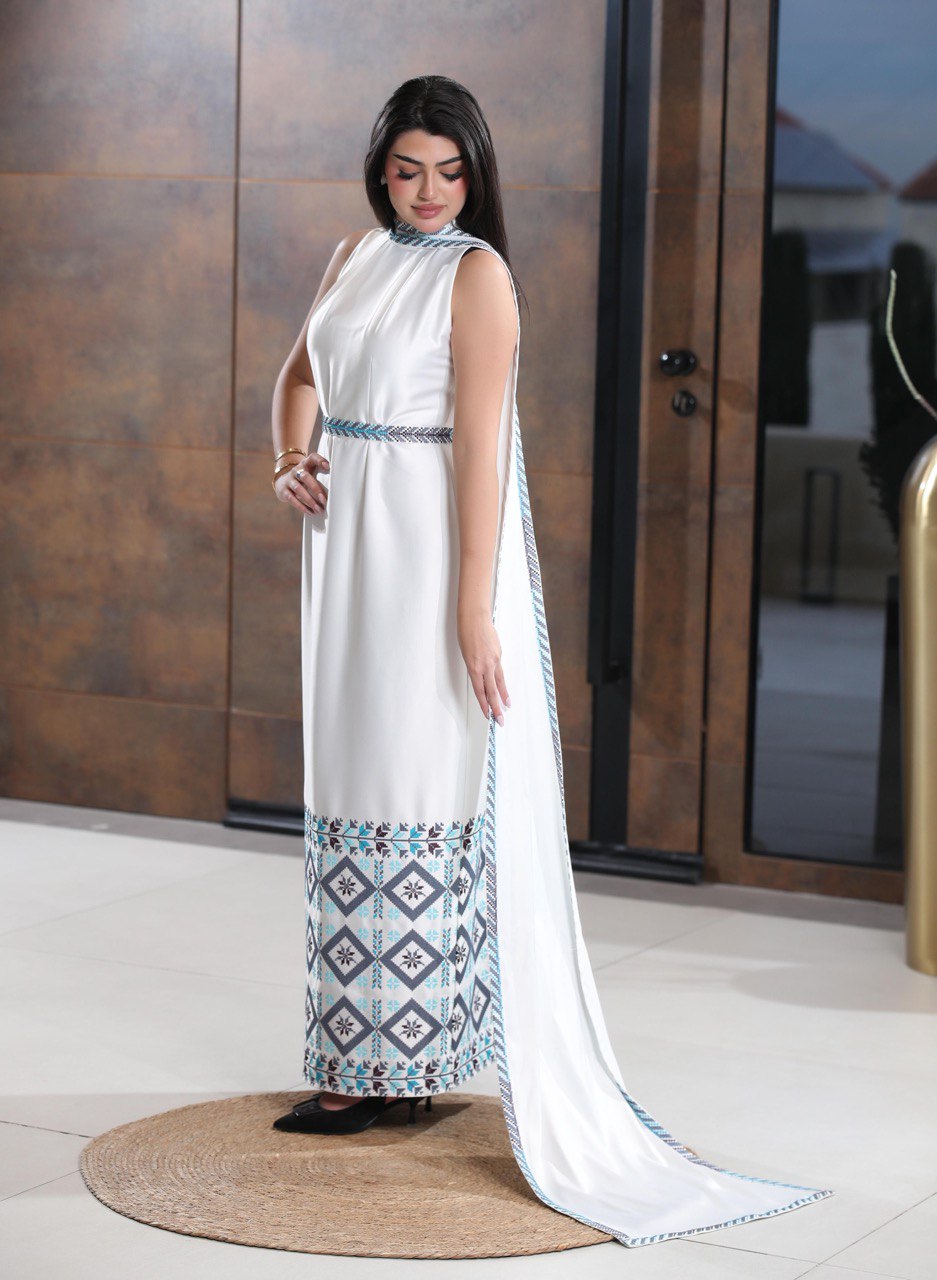 Embroidered Strapless Dress with Flowing Shoulder Extension