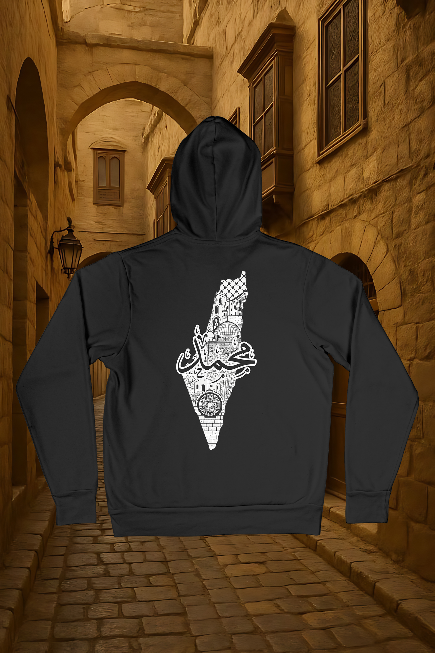 Black Hoodie with Artistic Map of Palestine Featuring “Mohammed