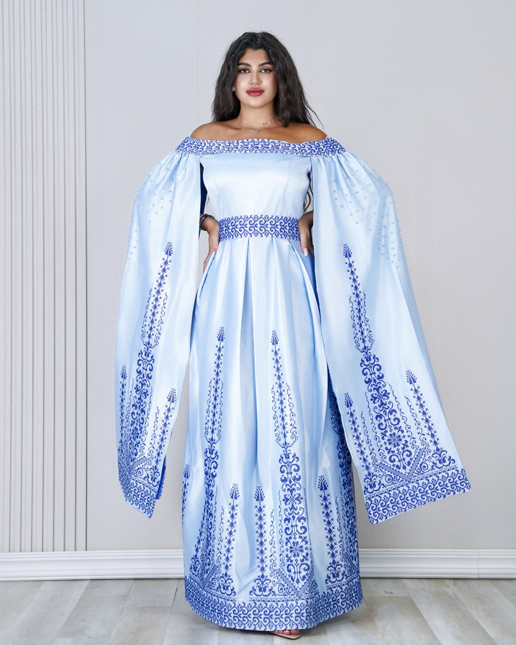 Embroidered Off-Shoulder Dress with Long Extension