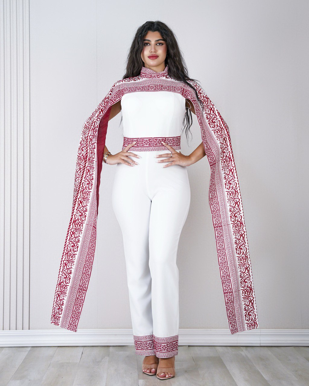 Embroidered Palestinian-inspired Jumpsuit with Dropped Shoulder and Long Extension (Blue/Red/White)