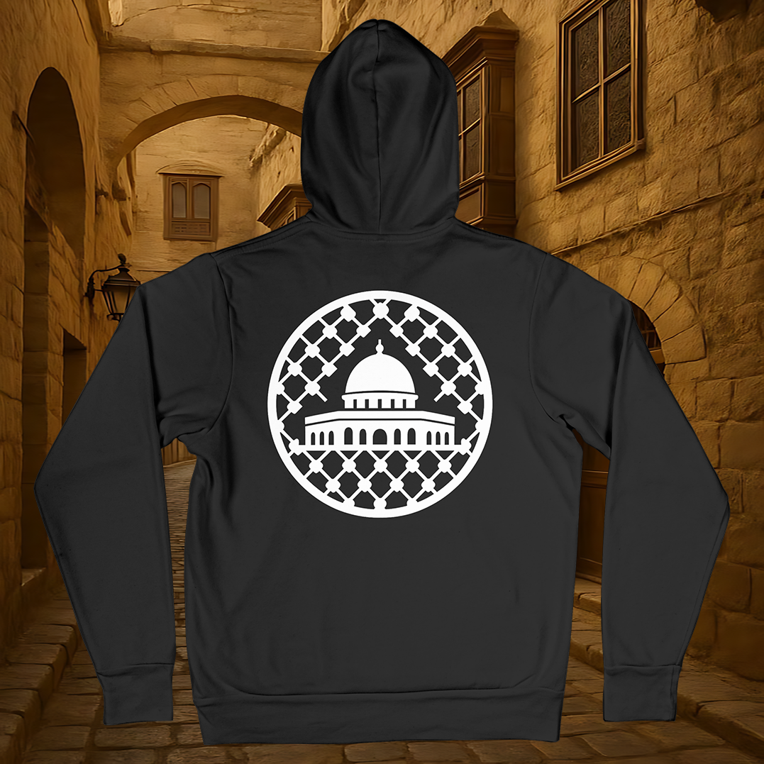 Black Hoodie with Circular Emblem of Dome behind Lattice