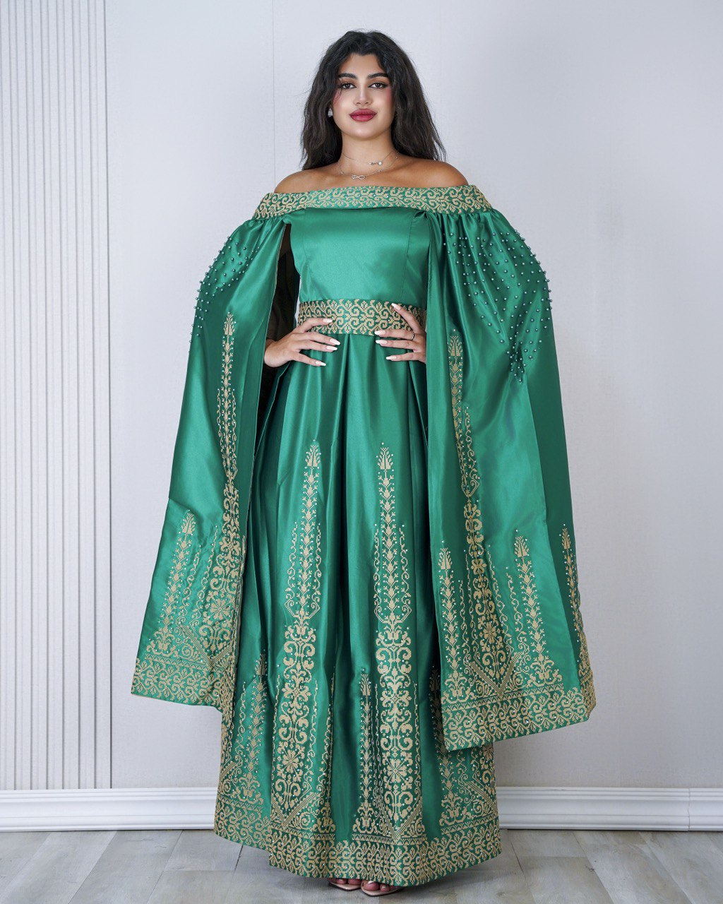 Embroidered Off-Shoulder Dress with Long Extension