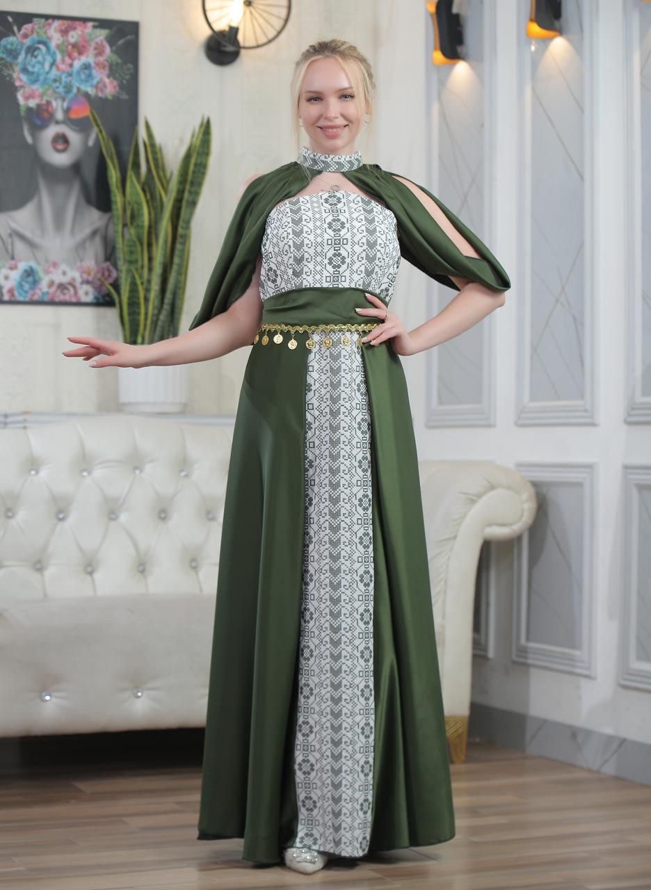 Strapless Embroidered Dress with Fabric Extension Covering Shoulder and Chest