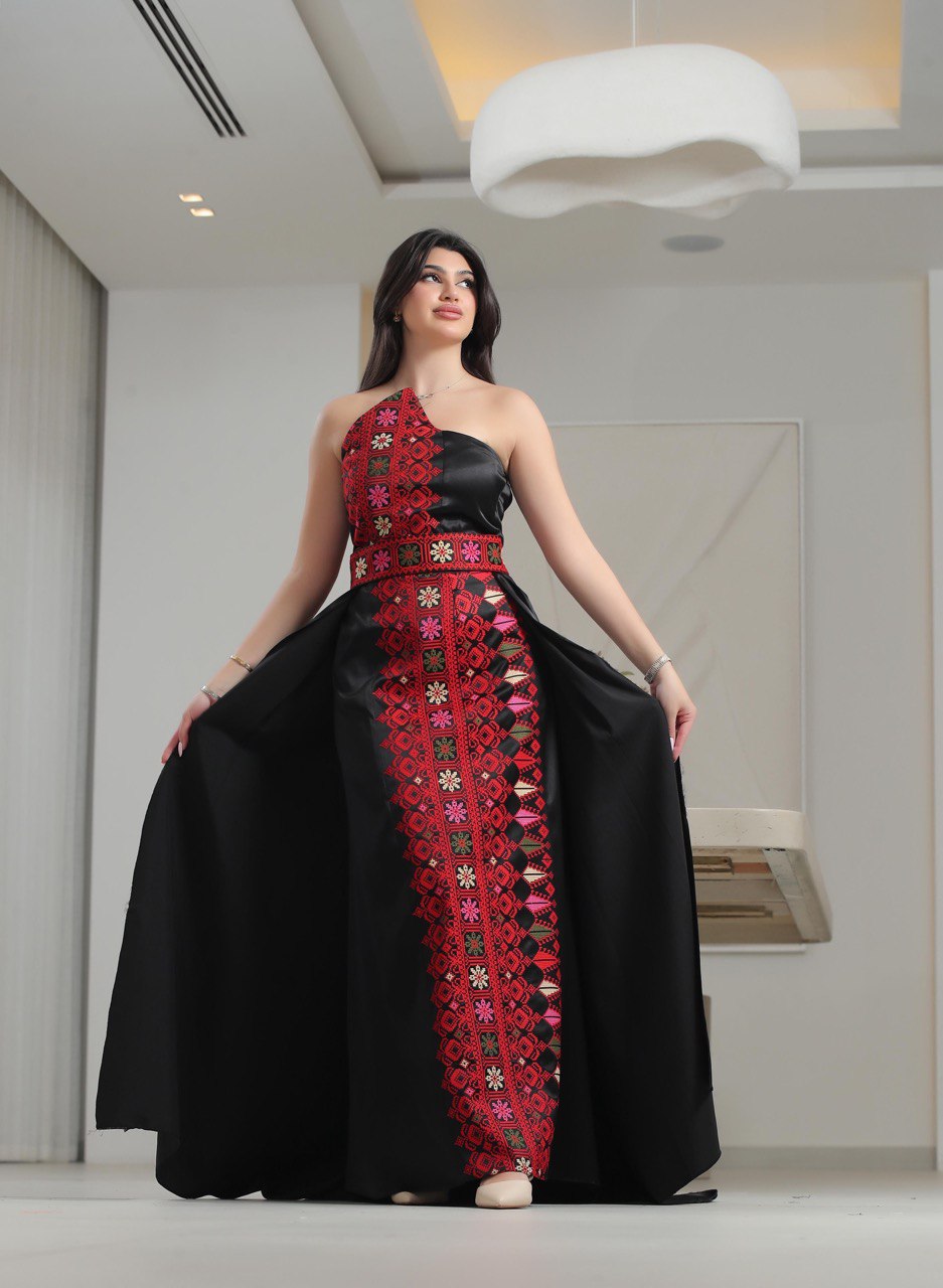 Black Embroidered Dress with Palestinian Belt