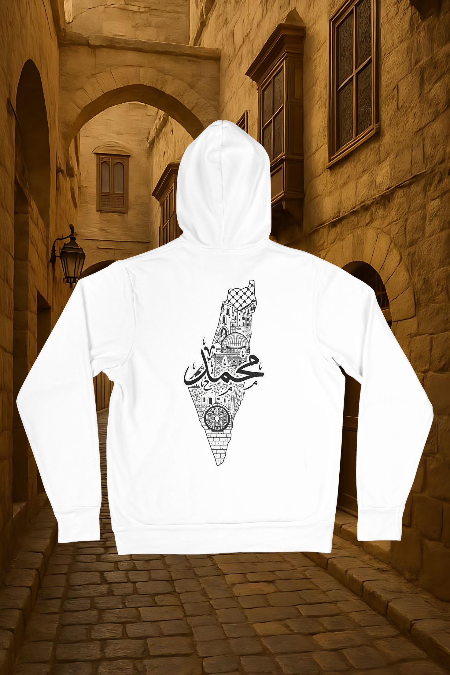 White Hoodie with Artistic Map of Palestine Featuring “Mohammed