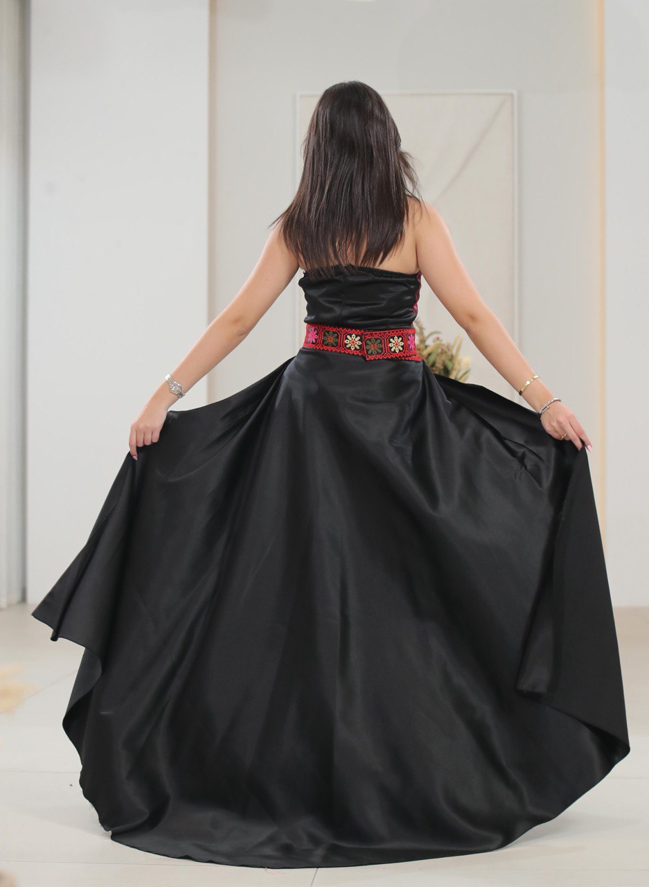 Black Embroidered Dress with Palestinian Belt