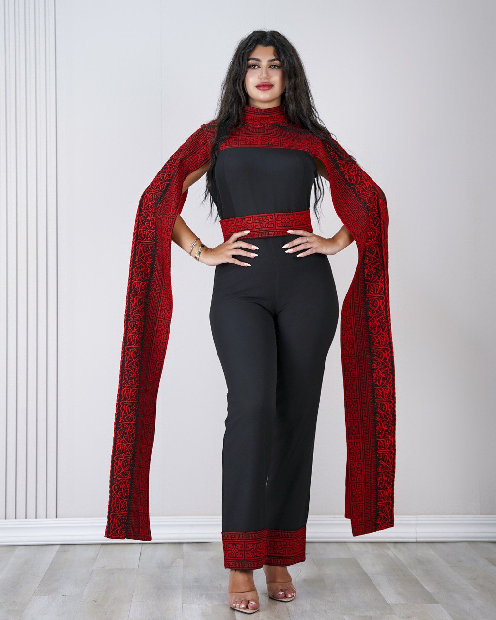 Embroidered Palestinian-inspired Jumpsuit with Dropped Shoulder and Long Extension (Blue/Red/White)