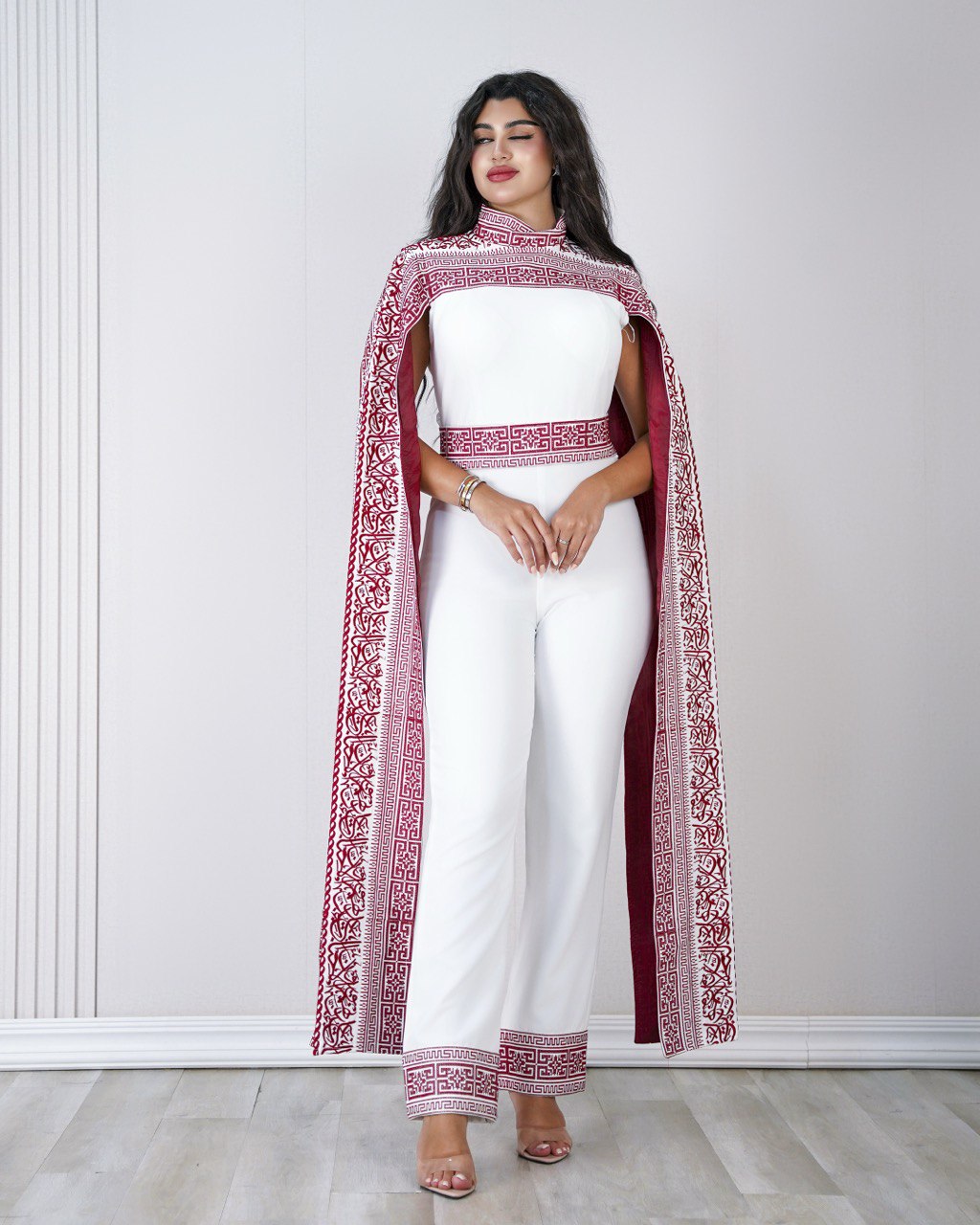 Embroidered Palestinian-inspired Jumpsuit with Dropped Shoulder and Long Extension (Blue/Red/White)