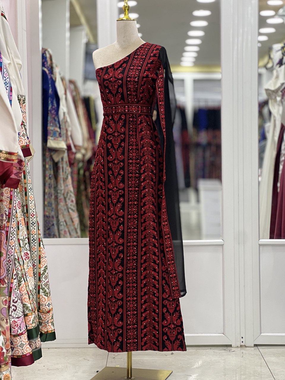 Red Embroidered One-Shoulder Dress