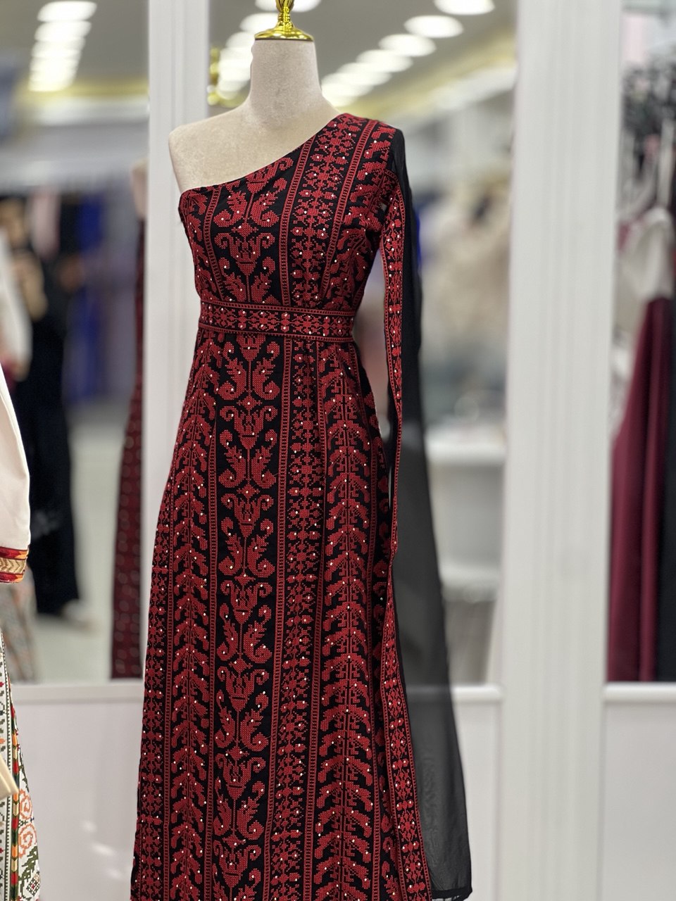 Red Embroidered One-Shoulder Dress