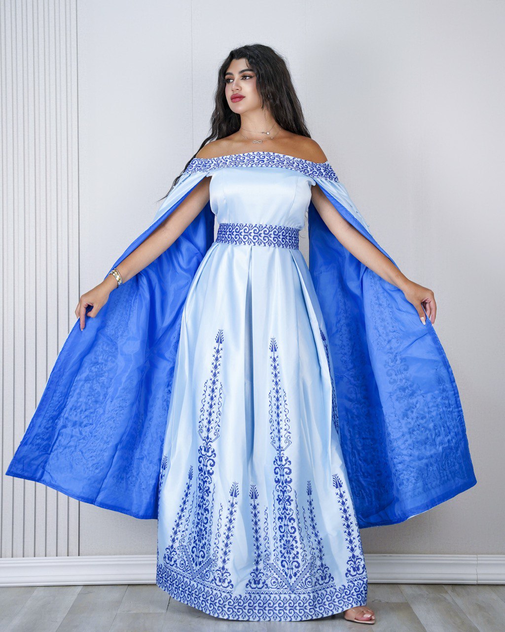 Embroidered Off-Shoulder Dress with Long Extension