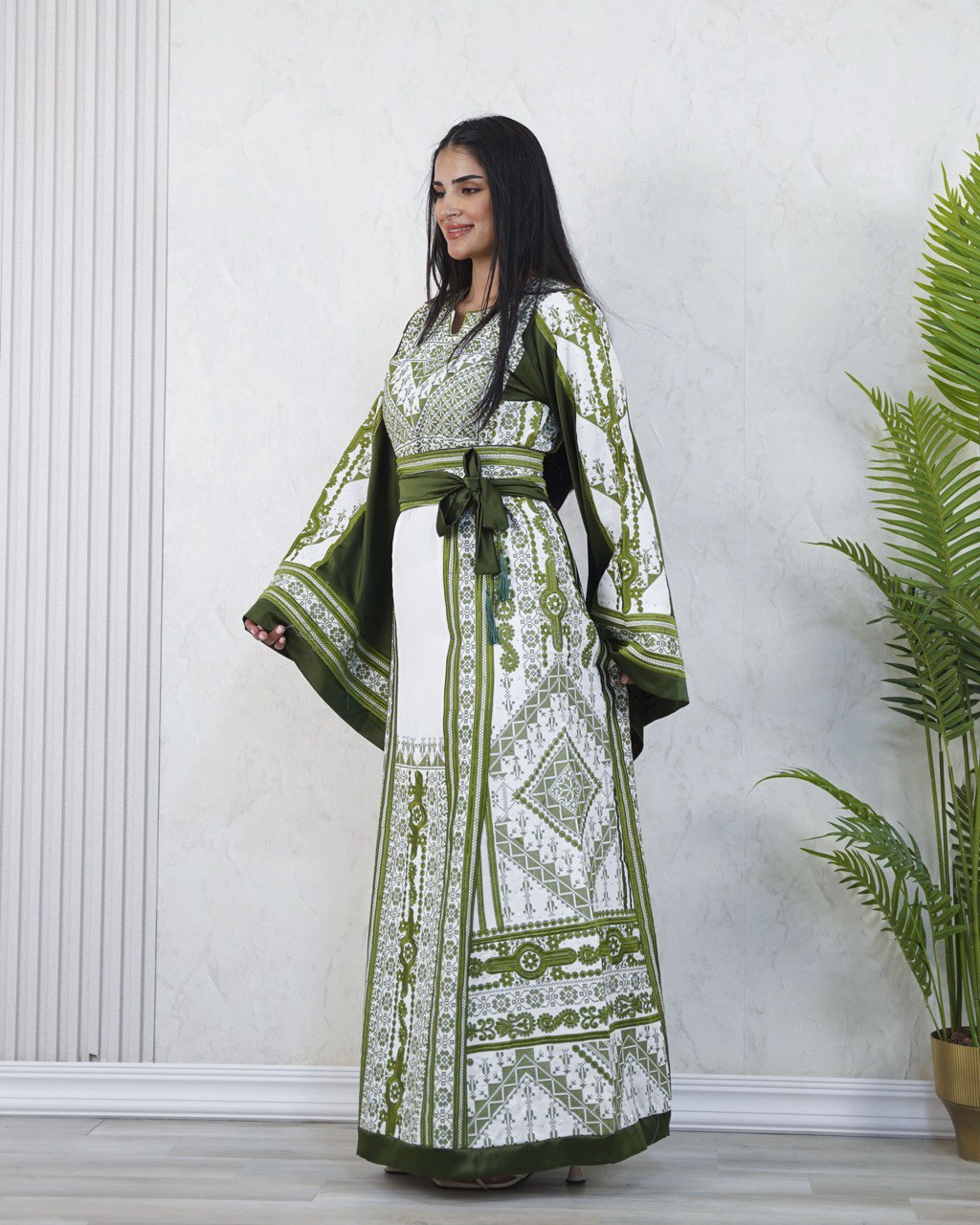 White Abaya Embroidered in Olive with Belt