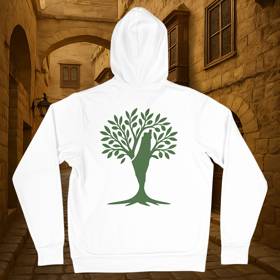 White Hoodie with Olive Tree & Map of Palestine