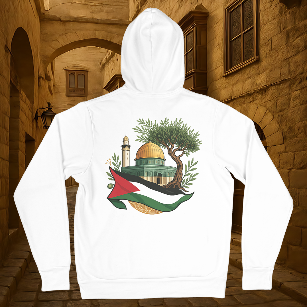 White Hoodie with Palestinian Flag and Dome of the Rock