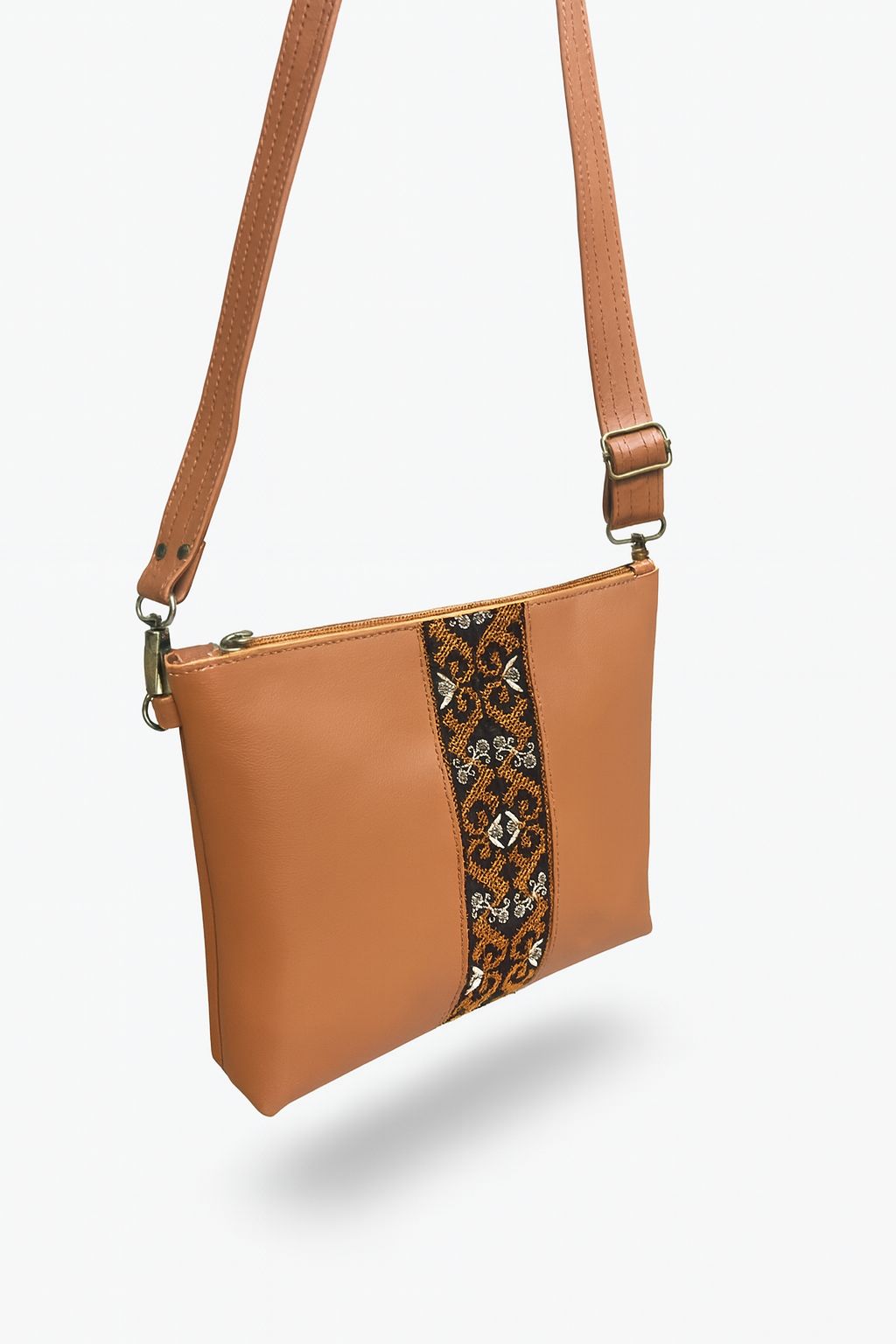 Camel Embroidered Leather Crossbody Bag