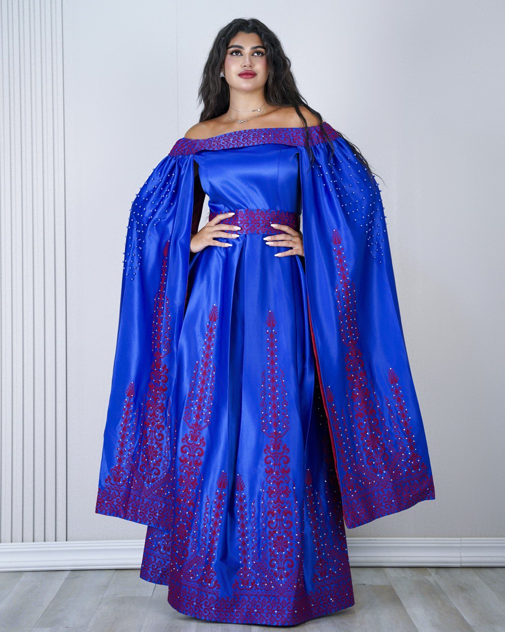 Embroidered Off-Shoulder Dress with Long Extension