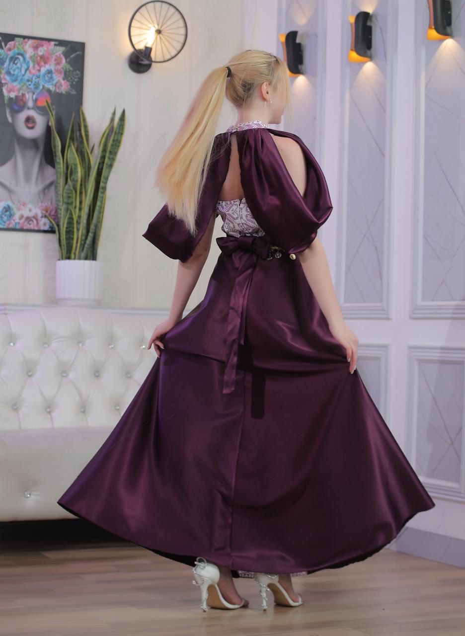 Strapless Embroidered Dress with Fabric Extension Covering Shoulder and Chest