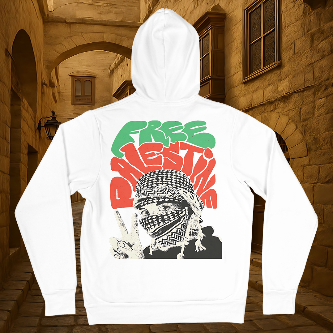 White Hoodie with FREE PALESTINE, Keffiyeh & Peace Sign