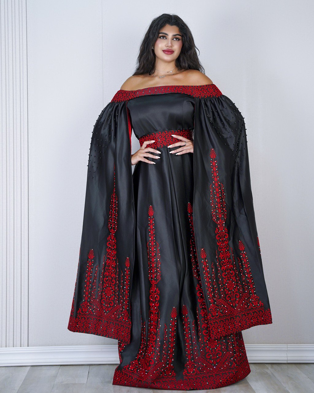 Embroidered Off-Shoulder Dress with Long Extension