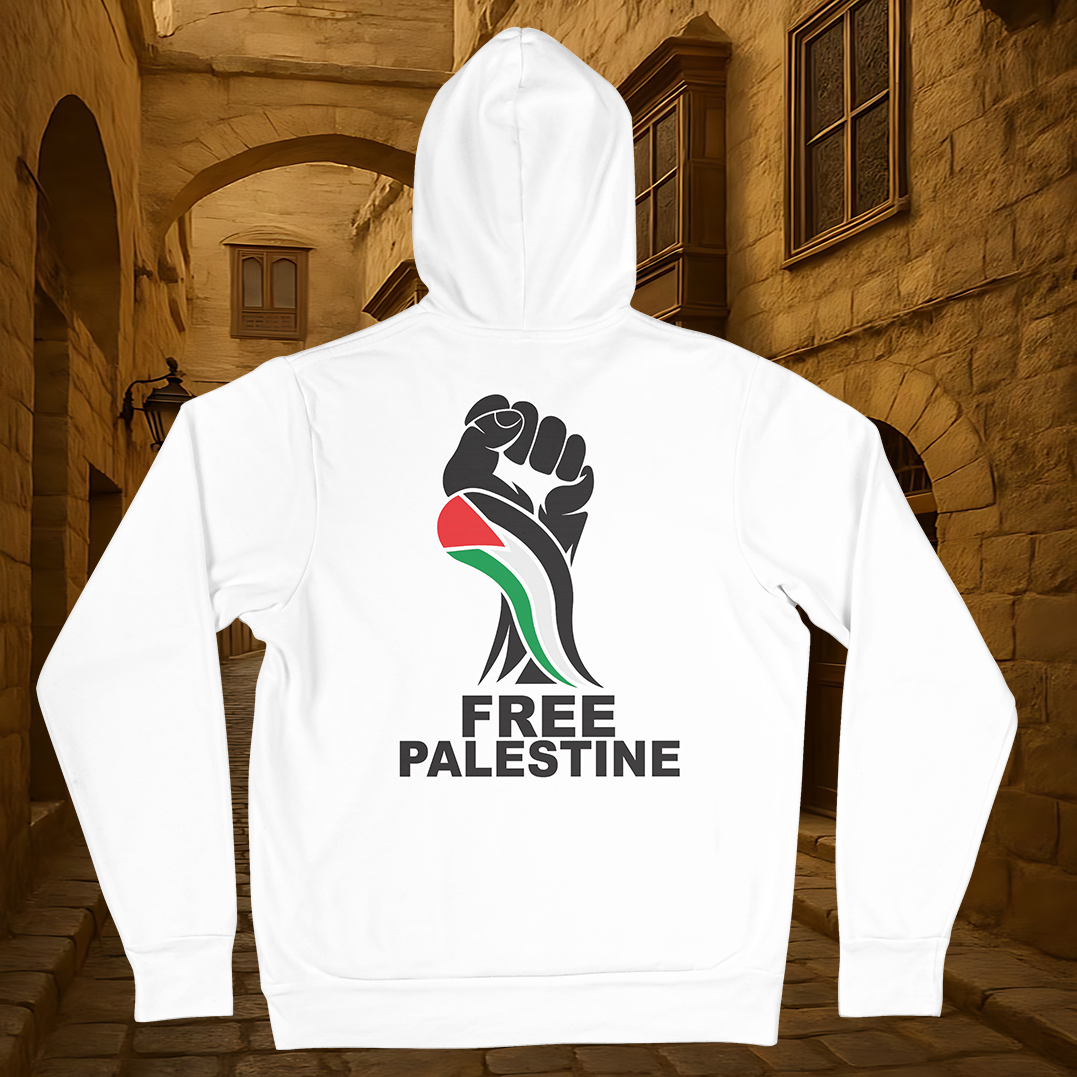 White Hoodie with Raised Fist “FREE PALESTINE” (Flag Colors)