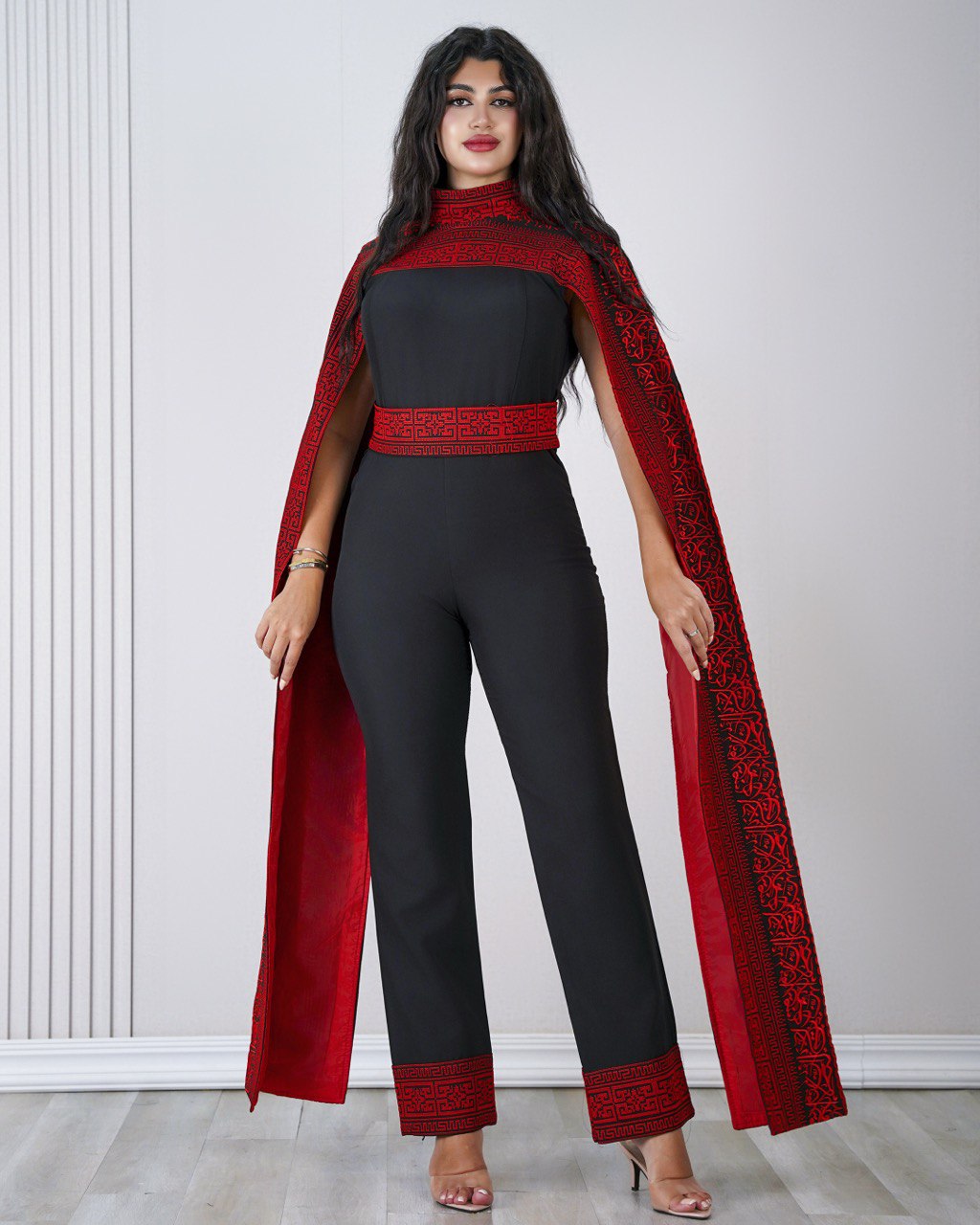 Embroidered Palestinian-inspired Jumpsuit with Dropped Shoulder and Long Extension (Blue/Red/White)