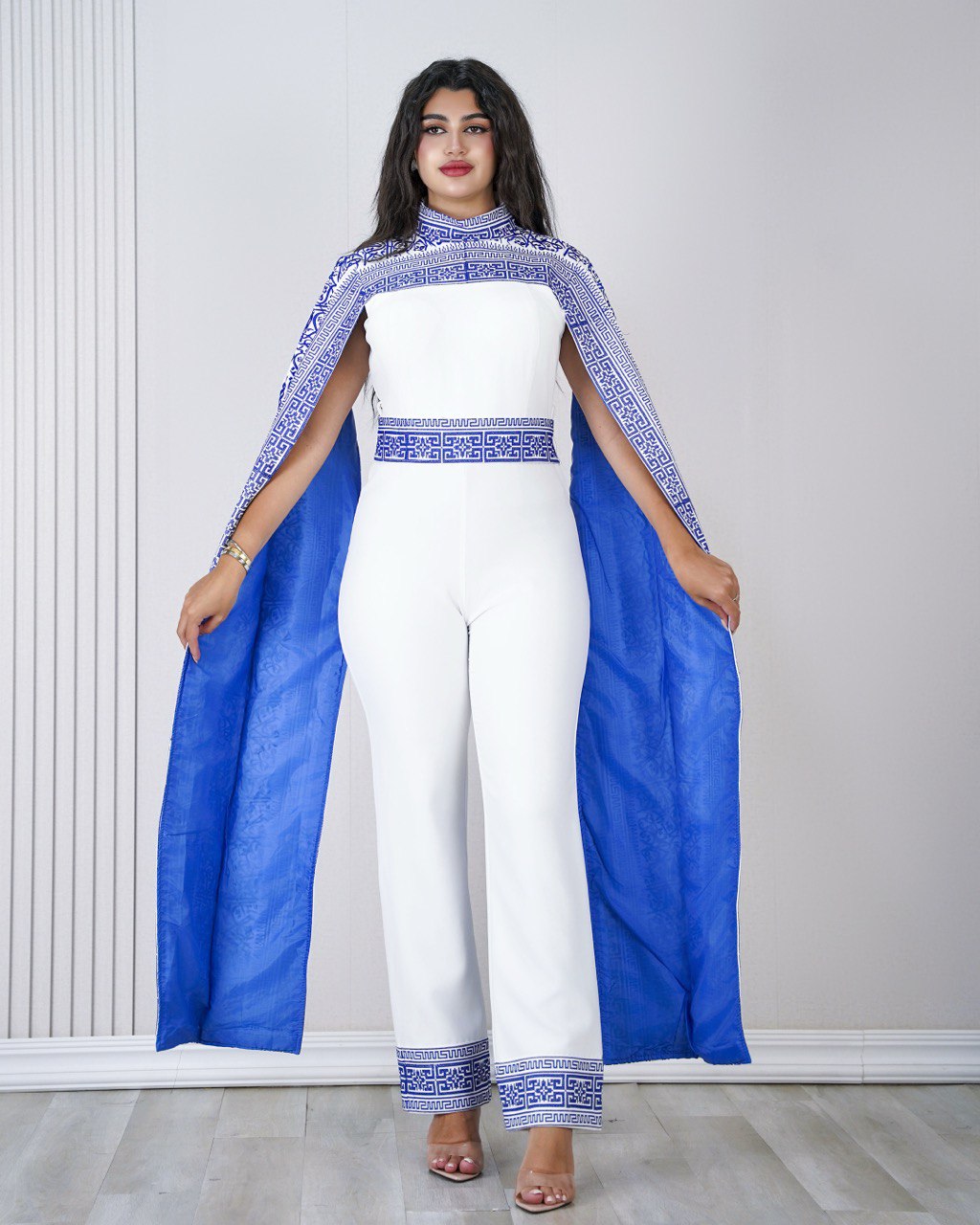 Embroidered Palestinian-inspired Jumpsuit with Dropped Shoulder and Long Extension (Blue/Red/White)