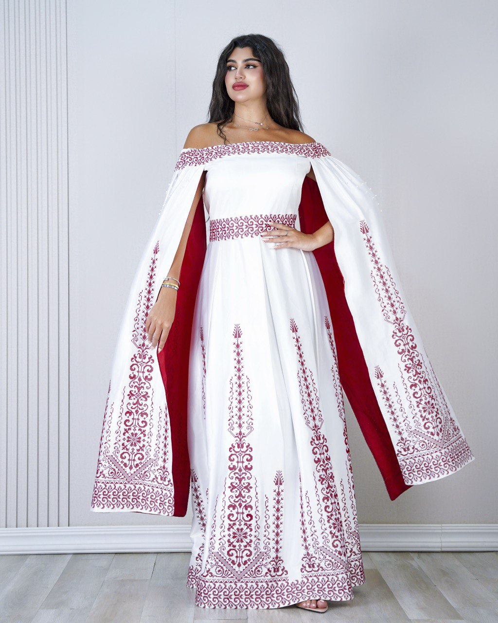 Embroidered Off-Shoulder Dress with Long Extension