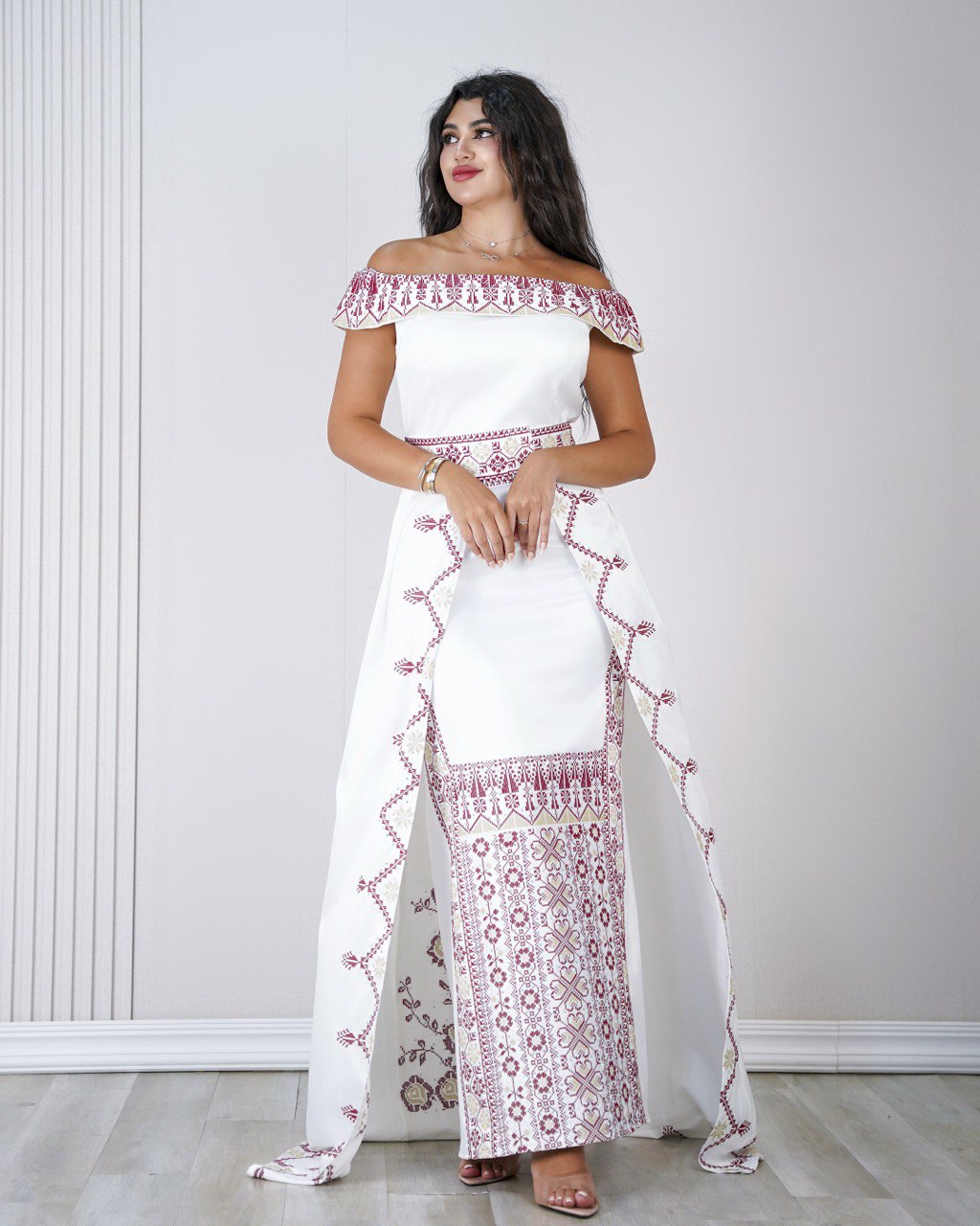 Embroidered Off-Shoulder Belted Dress