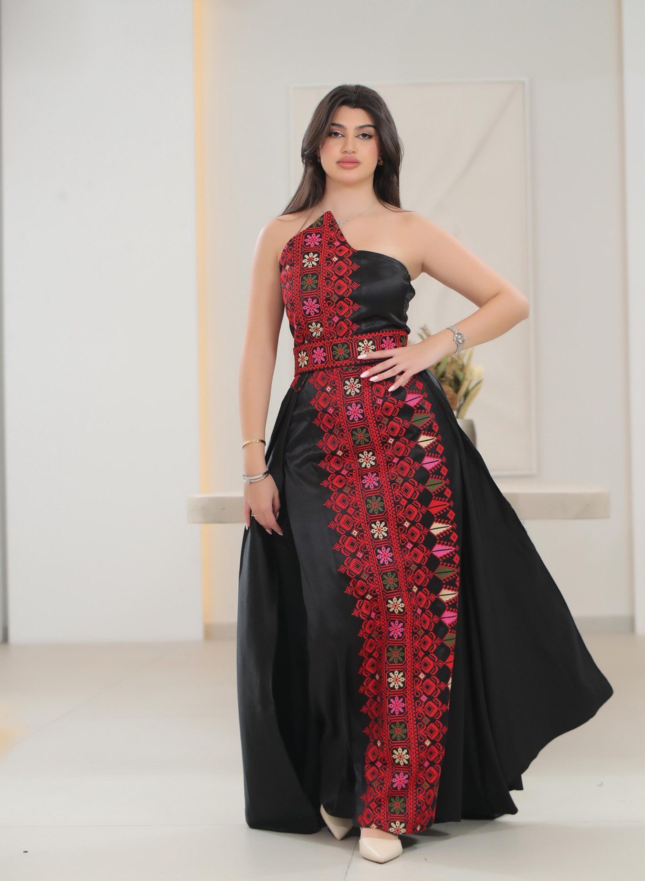 Black Embroidered Dress with Palestinian Belt