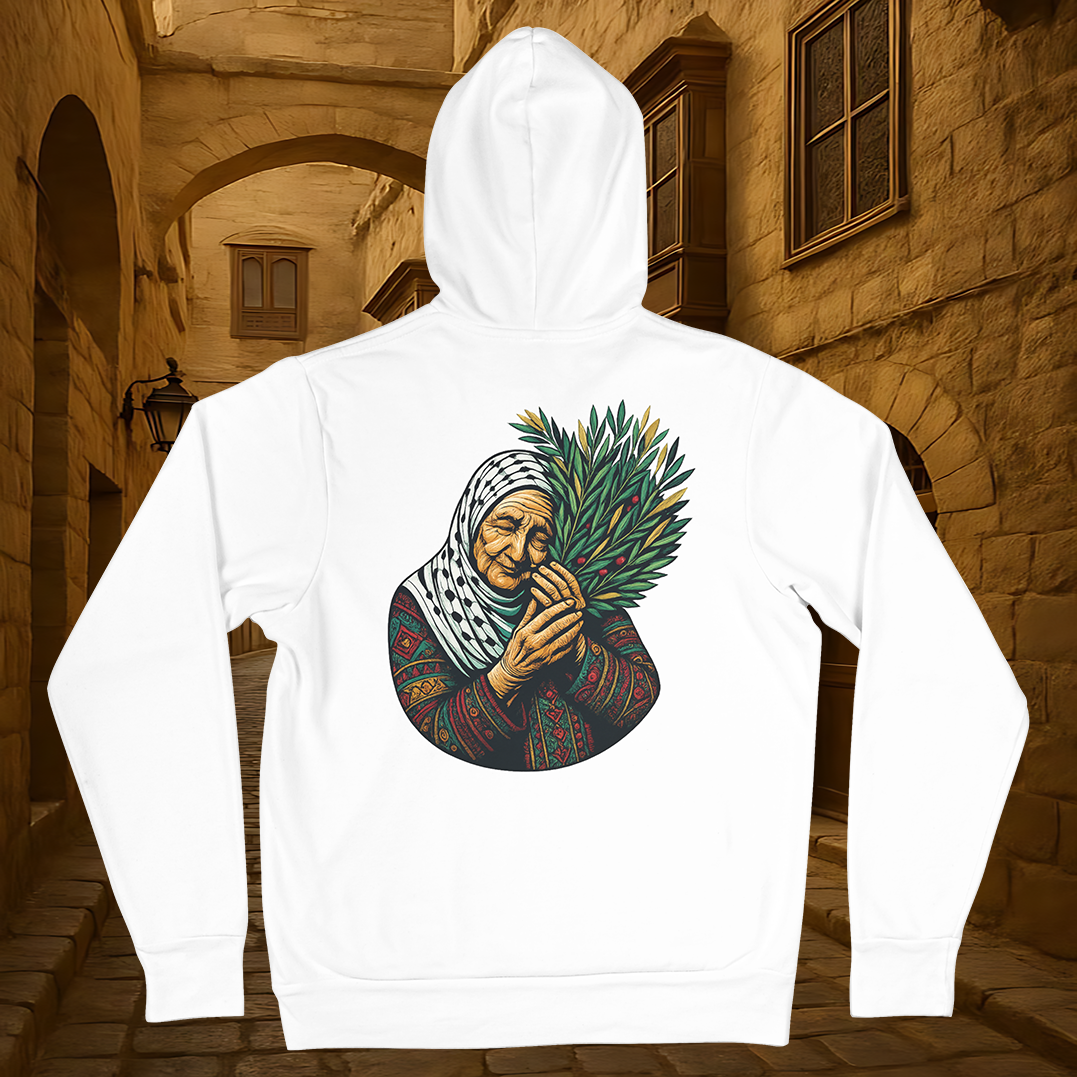 White Hoodie with Palestinian Grandmother & Olive Branch