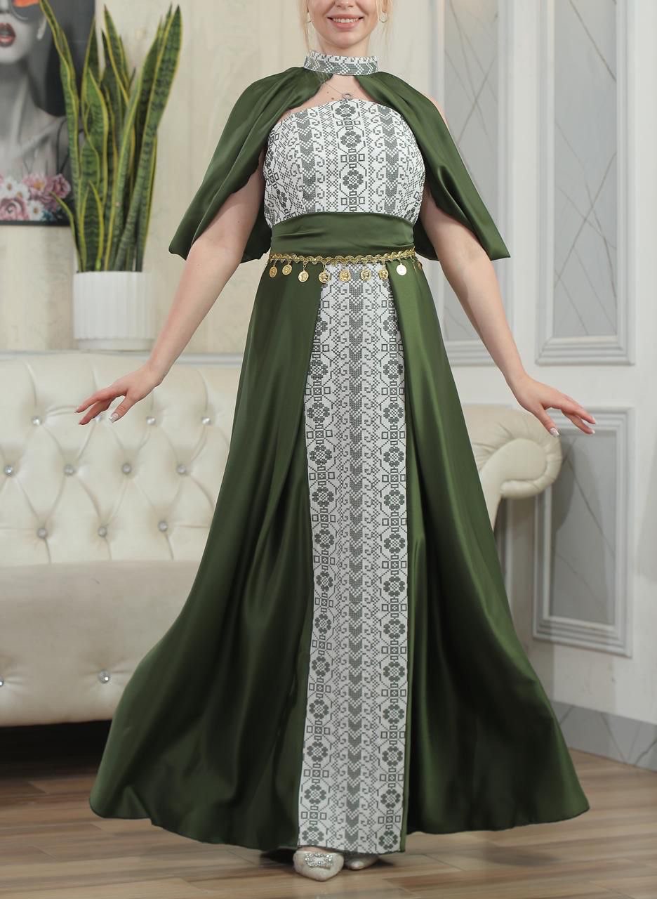 Strapless Embroidered Dress with Fabric Extension Covering Shoulder and Chest