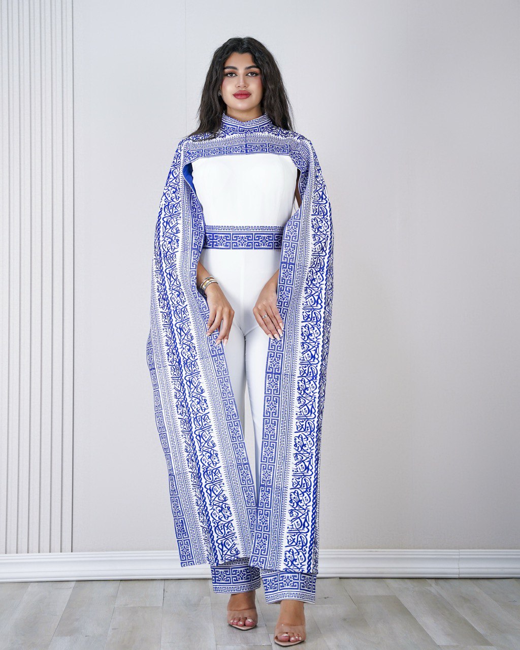 Embroidered Palestinian-inspired Jumpsuit with Dropped Shoulder and Long Extension (Blue/Red/White)