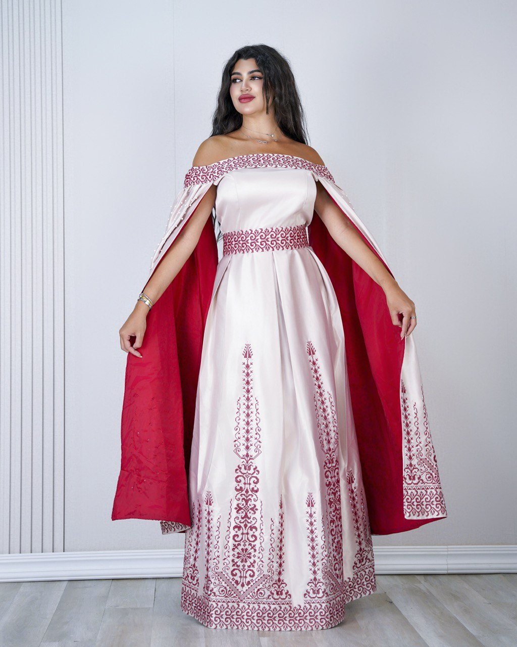 Embroidered Off-Shoulder Dress with Long Extension