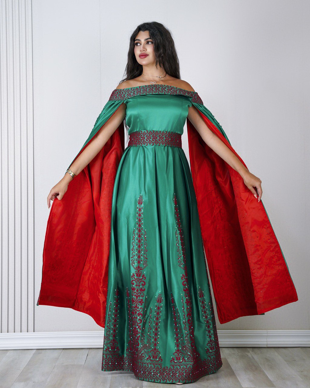 Embroidered Off-Shoulder Dress with Long Extension