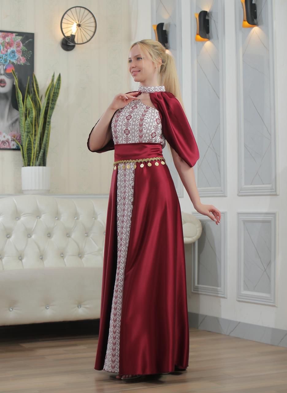 Strapless Embroidered Dress with Fabric Extension Covering Shoulder and Chest