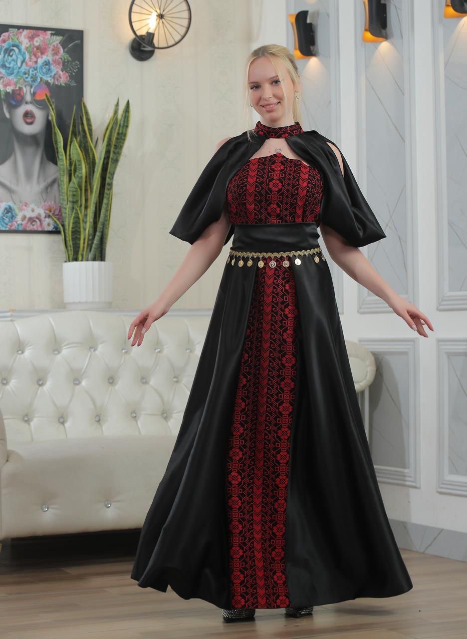 Strapless Embroidered Dress with Fabric Extension Covering Shoulder and Chest