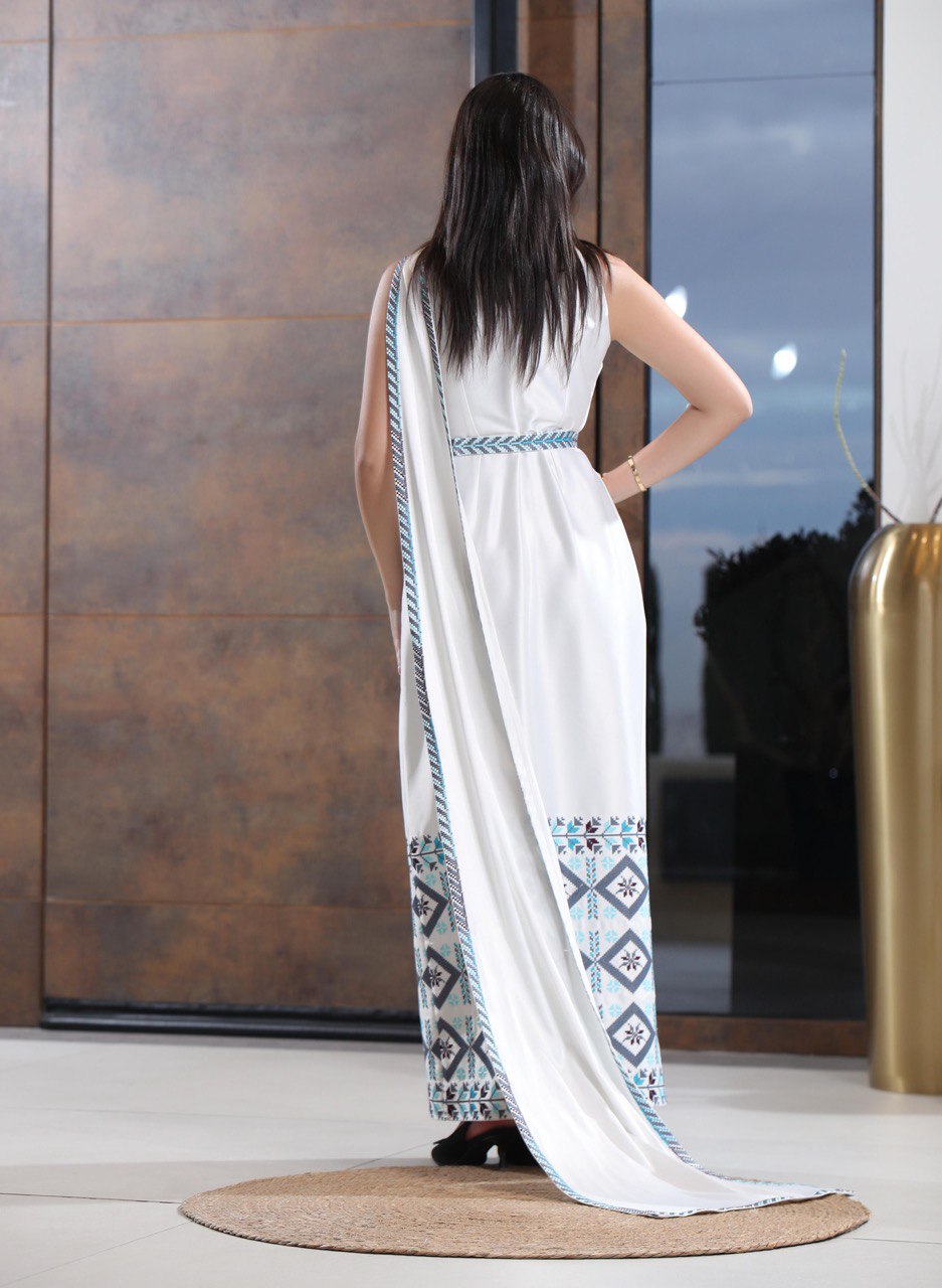 Embroidered Strapless Dress with Flowing Shoulder Extension