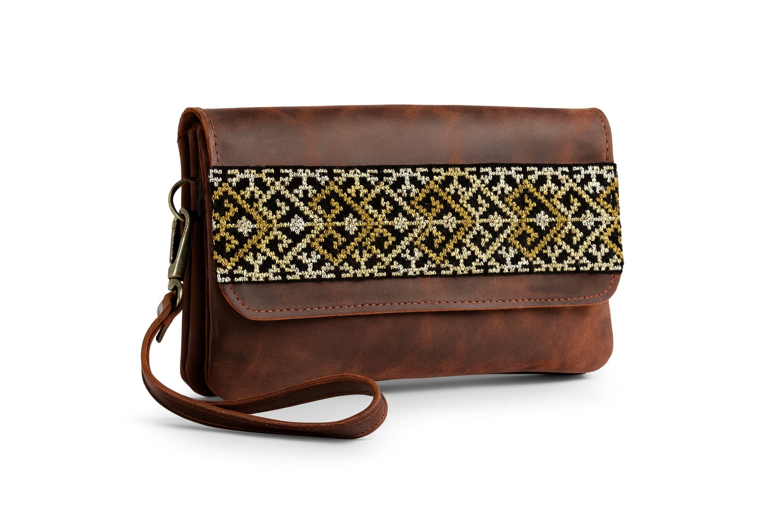 Small Camel Embroidered Leather Clutch