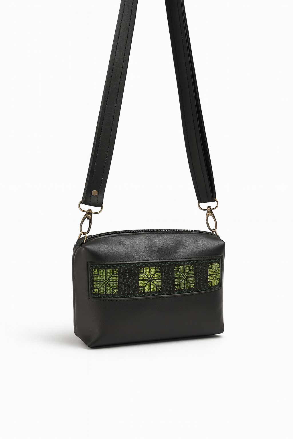 Black Embroidered Leather Crossbody Bag