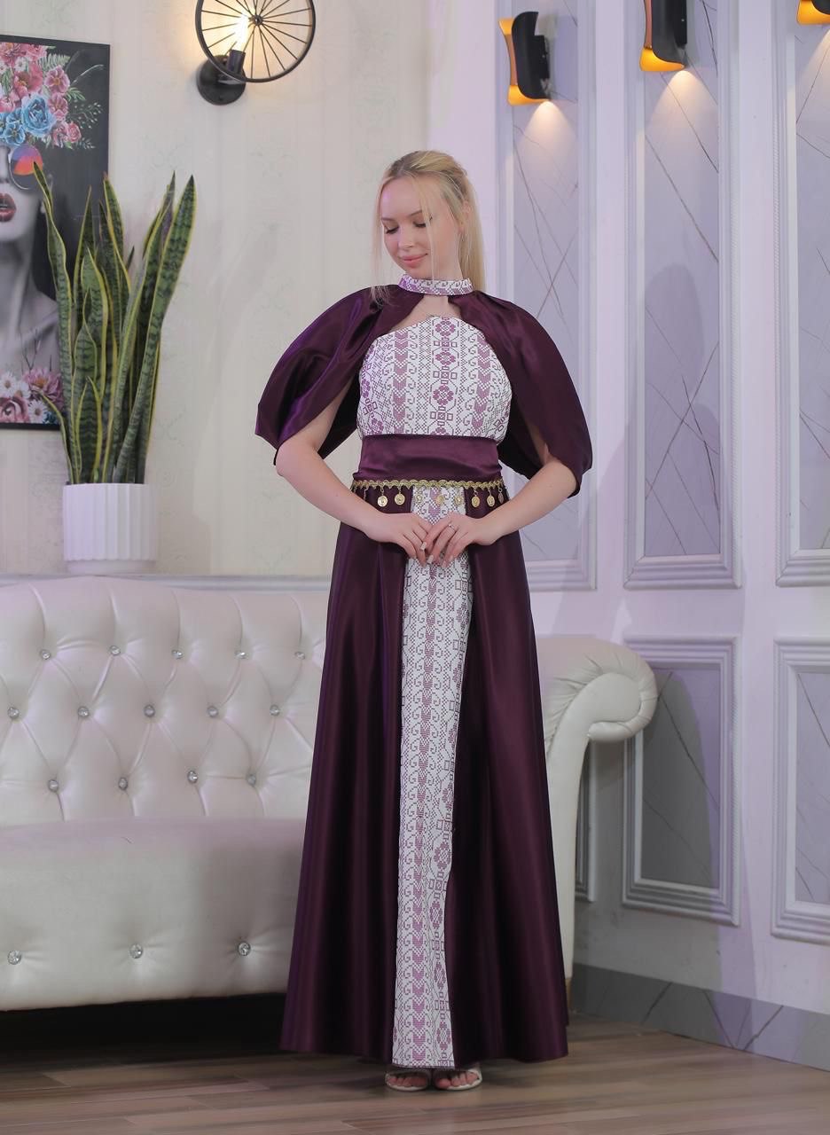 Strapless Embroidered Dress with Fabric Extension Covering Shoulder and Chest