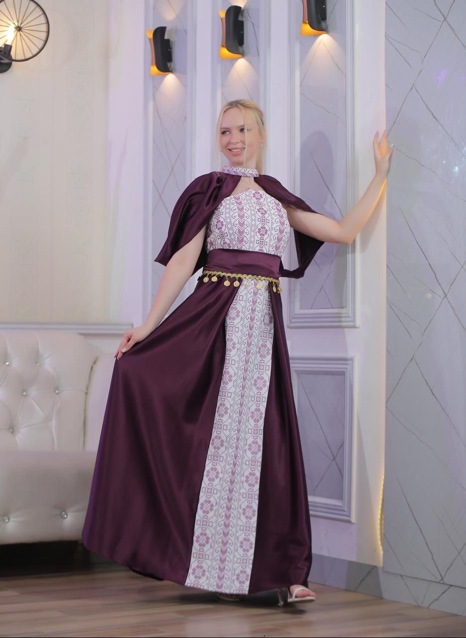 Strapless Embroidered Dress with Fabric Extension Covering Shoulder and Chest